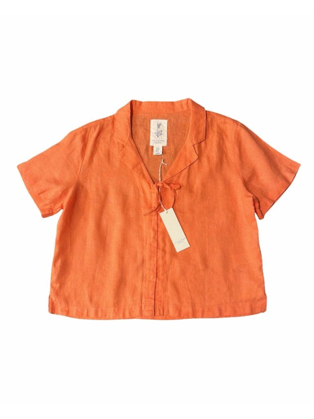 New Calypso St Barth Womens M Orange 100% Linen Cropped Short Sleeve Shirt Top